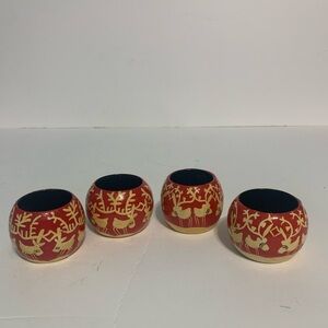 Vintage Hand Painted Wooden Reindeer Christmas Napkin Rings Set of 4 From India.